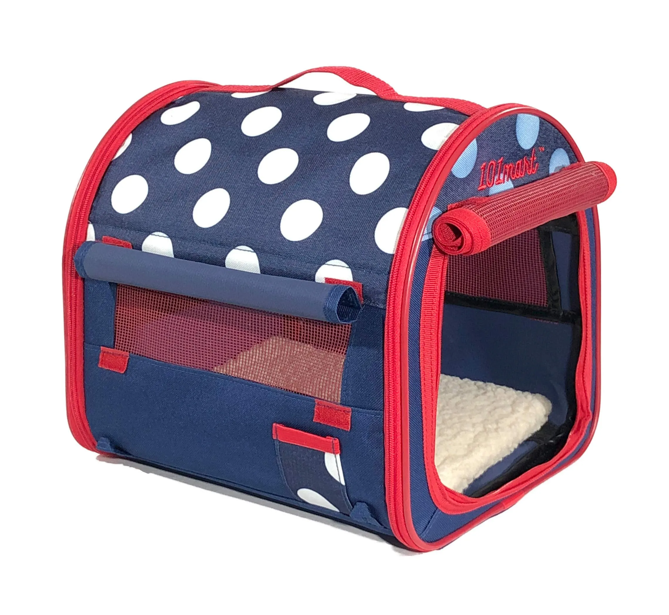 101mart Premium Soft-Sided Collapsible Pet Crate | Portable Pet Kennel and Tent for Home and On The Go | Heavy-Duty and Water-Resistant | Perfect for Indoor and Outdoor Use Mini Blue-Polka Dot