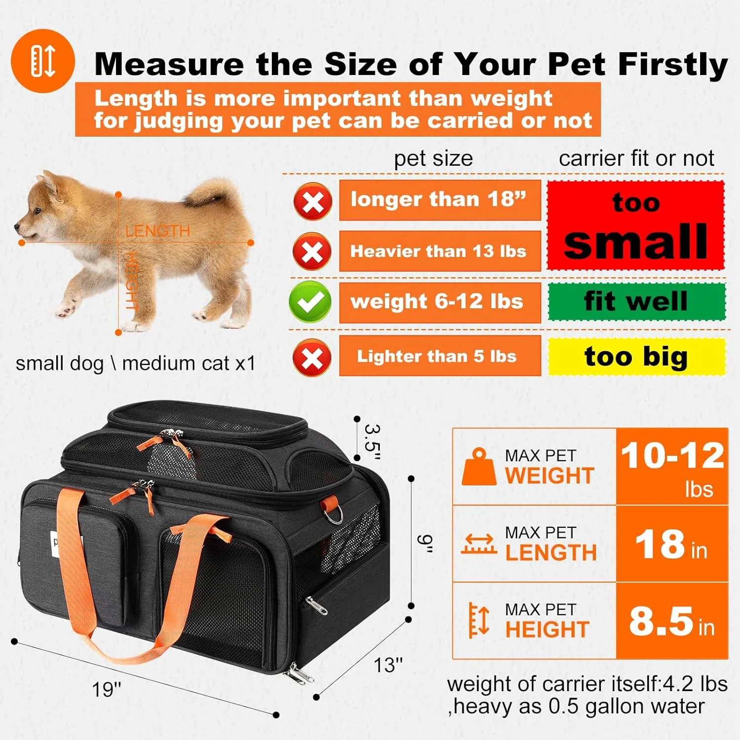 19x13x9 TSA Approved top Expandable pet Carrier for Small Dog Puppy cat up to 10-12 lbs Weight and 18'' Length, for Southwest Spirit Canada Airlines
