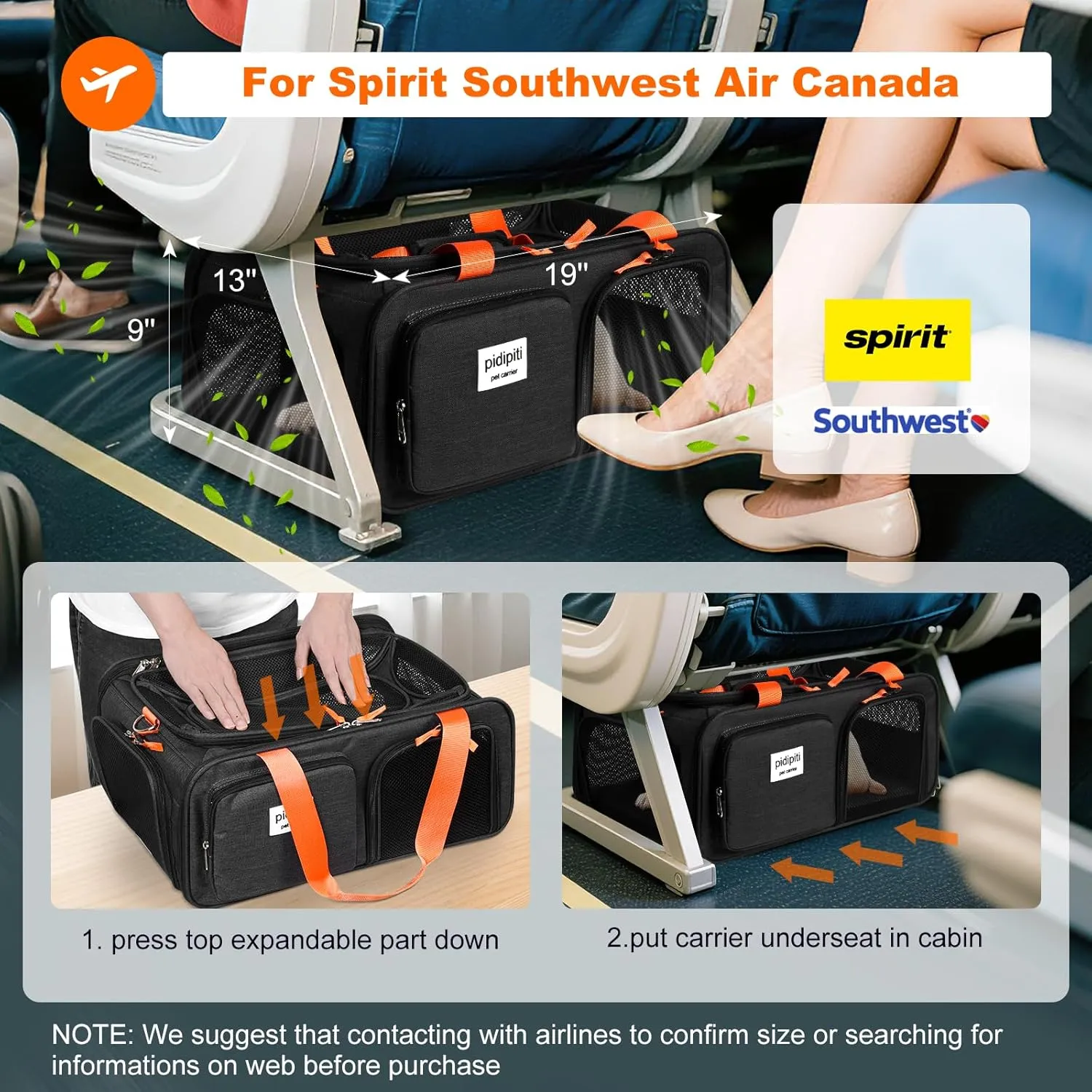 19x13x9 TSA Approved top Expandable pet Carrier for Small Dog Puppy cat up to 10-12 lbs Weight and 18'' Length, for Southwest Spirit Canada Airlines