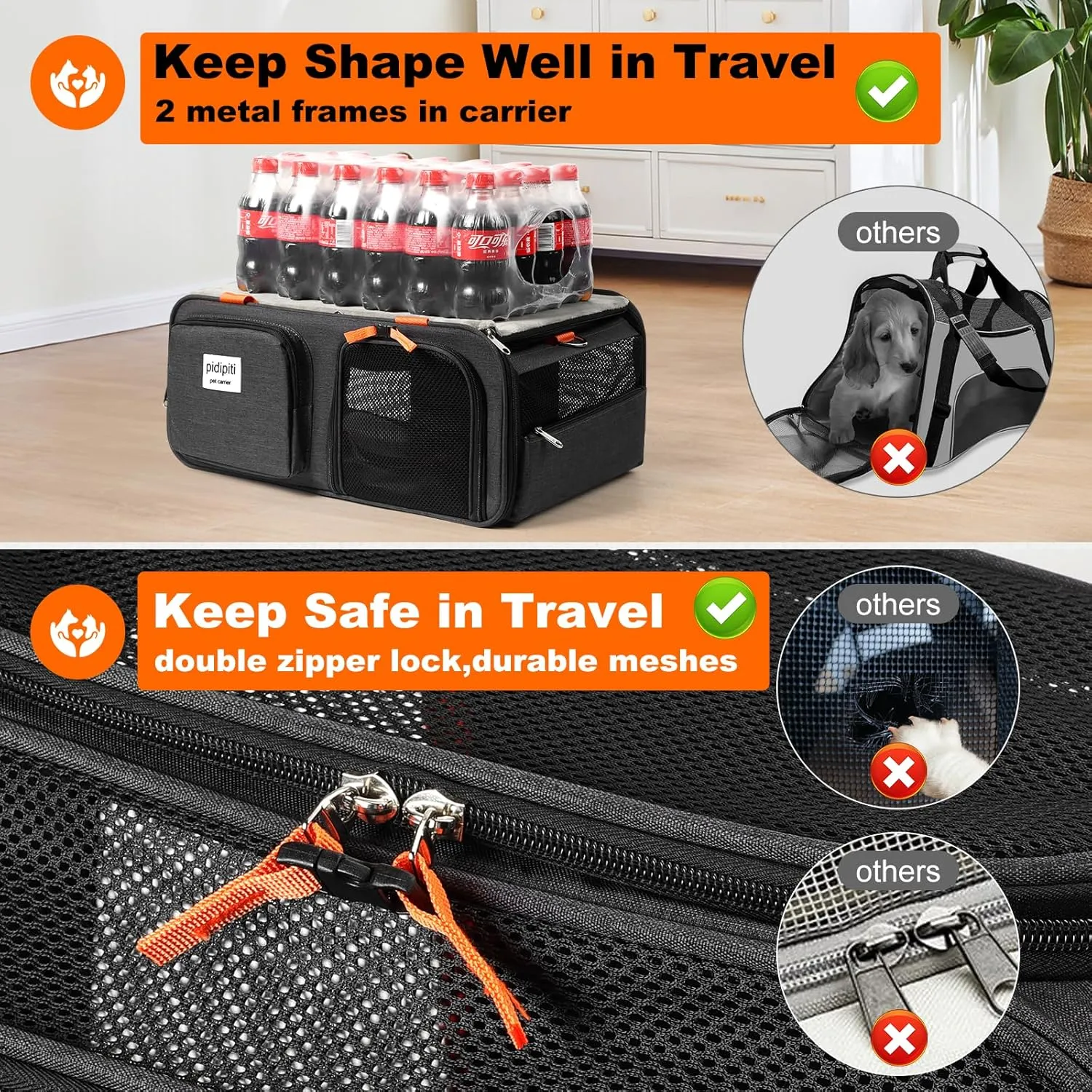 19x13x9 TSA Approved top Expandable pet Carrier for Small Dog Puppy cat up to 10-12 lbs Weight and 18'' Length, for Southwest Spirit Canada Airlines