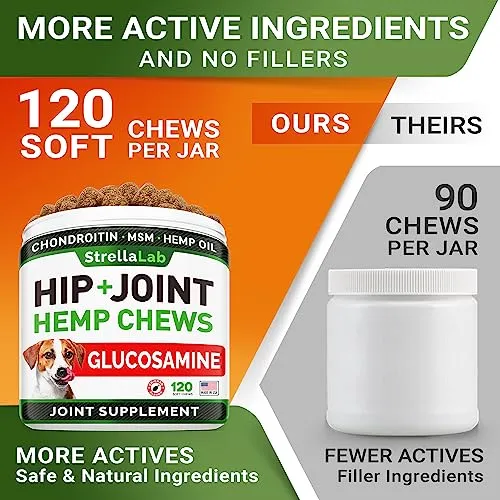 Advanced Hemp   Glucosamine Dog Joint Supplement - Hip Joint Pain Relief - Mobility Hemp Chews for Dogs - Chondroitin, MSM, Omega - Hemp Oil Treats - Made in USA - Lamb Flavor - 120 Hemp Treats