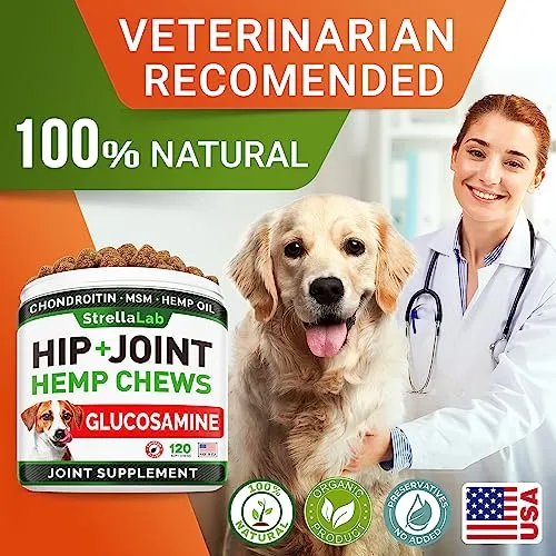 Advanced Hemp   Glucosamine Dog Joint Supplement - Hip Joint Pain Relief - Mobility Hemp Chews for Dogs - Chondroitin, MSM, Omega - Hemp Oil Treats - Made in USA - Lamb Flavor - 120 Hemp Treats