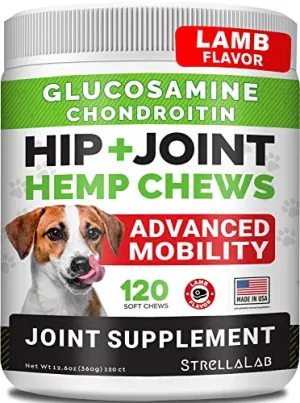 Advanced Hemp   Glucosamine Dog Joint Supplement - Hip Joint Pain Relief - Mobility Hemp Chews for Dogs - Chondroitin, MSM, Omega - Hemp Oil Treats - Made in USA - Lamb Flavor - 120 Hemp Treats