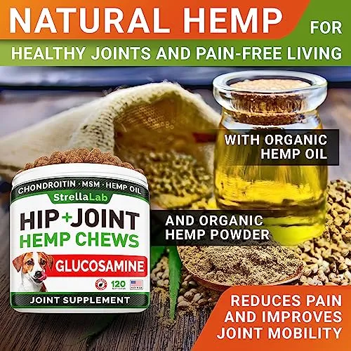 Advanced Hemp   Glucosamine Dog Joint Supplement - Hip Joint Pain Relief - Mobility Hemp Chews for Dogs - Chondroitin, MSM, Omega - Hemp Oil Treats - Made in USA - Lamb Flavor - 120 Hemp Treats