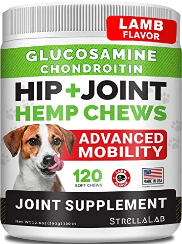 Advanced Hemp   Glucosamine Dog Joint Supplement - Hip Joint Pain Relief - Mobility Hemp Chews for Dogs - Chondroitin, MSM, Omega - Hemp Oil Treats - Made in USA - Lamb Flavor - 120 Hemp Treats