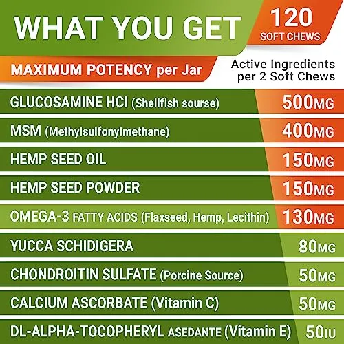 Advanced Hemp   Glucosamine Dog Joint Supplement - Hip Joint Pain Relief - Mobility Hemp Chews for Dogs - Chondroitin, MSM, Omega - Hemp Oil Treats - Made in USA - Lamb Flavor - 120 Hemp Treats