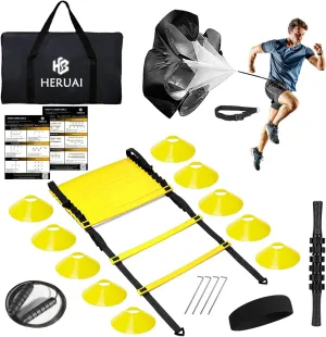 Agility Ladder Speed Training Equipment Set, 20ft Speed Ladder, 10 Speed Cones, Running Parachute, Headbands, Jump Rope, Football Basketball Soccer Training Equipment for Kids Youth Adults