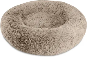 Arlee Donut Round Pet Dog Bed - Memory Foam - Calming Reduce Anxiety - Shaggy Vegan Fur - Assembled USA, Taupe