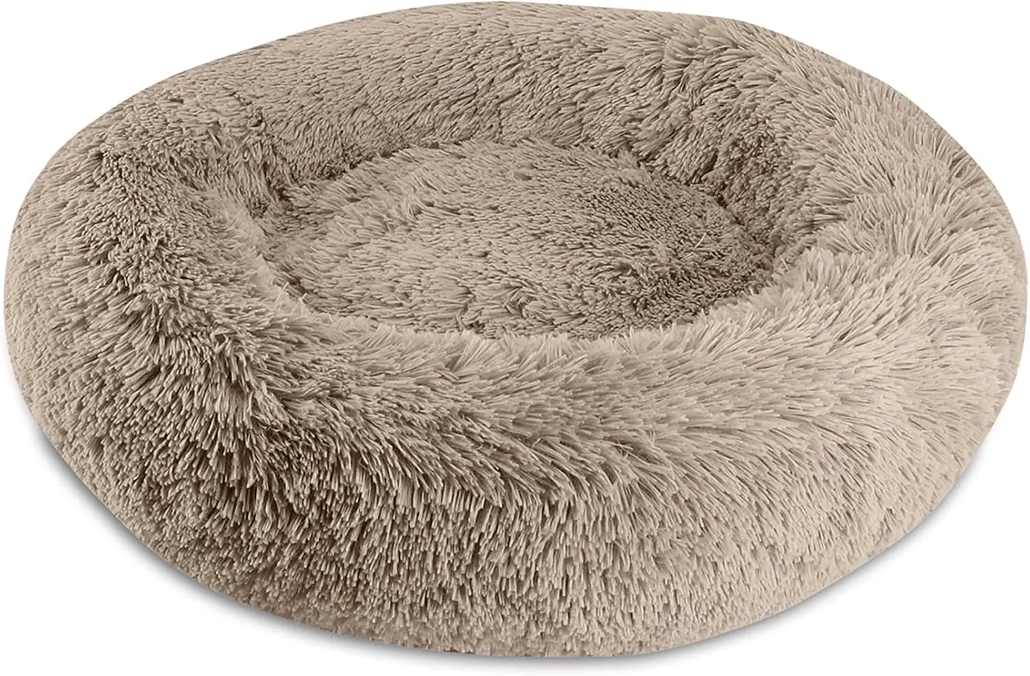 Arlee Donut Round Pet Dog Bed - Memory Foam - Calming Reduce Anxiety - Shaggy Vegan Fur - Assembled USA, Taupe
