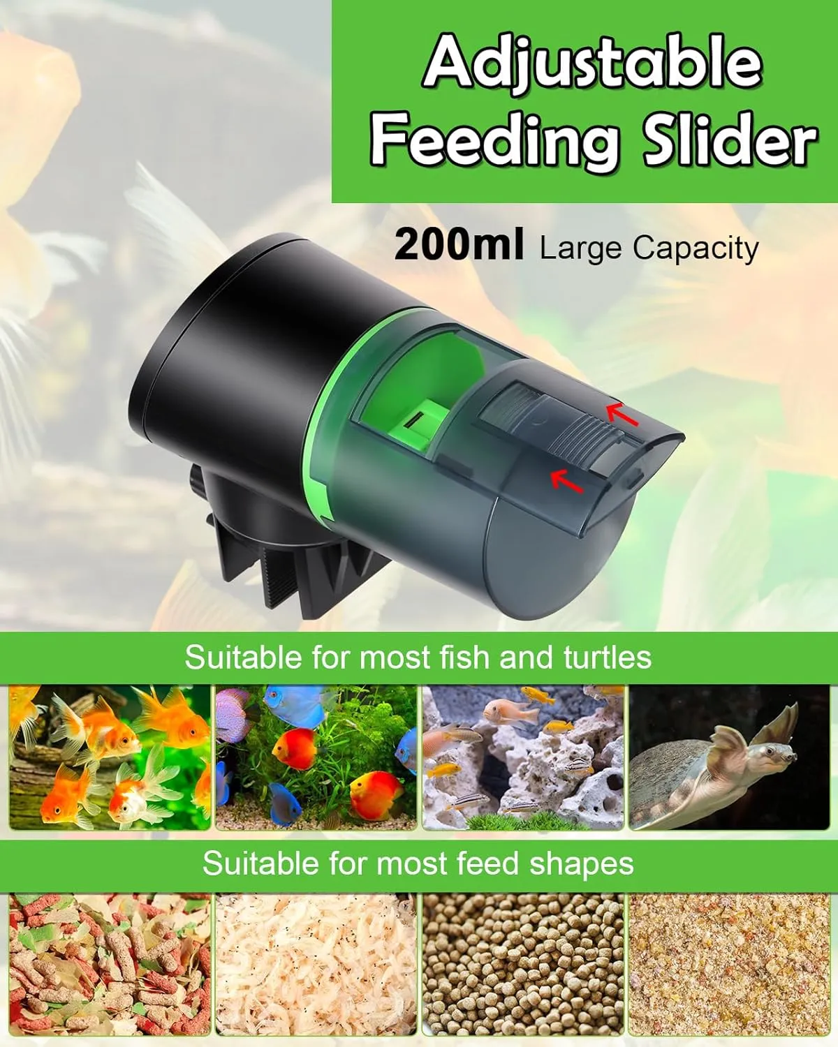 Automatic Fish Feeder for Aquarium - Rechargeable Fish Food Auto Dispenser Vacation Turtle Feeder with USB Charger CableLCD Screen, Customized ScheduleBlack
