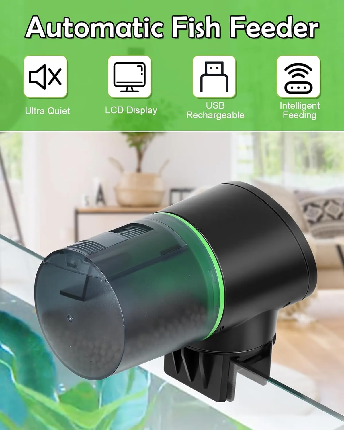 Automatic Fish Feeder for Aquarium - Rechargeable Fish Food Auto Dispenser Vacation Turtle Feeder with USB Charger CableLCD Screen, Customized ScheduleBlack