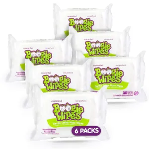 Baby Wipes Unscented by Boogie Wipes, Wet Wipes for Face, Hand, Body & Nose, Made with Vitamin E, Aloe, Chamomile and Natural Saline, 30 Count, Pack of 6