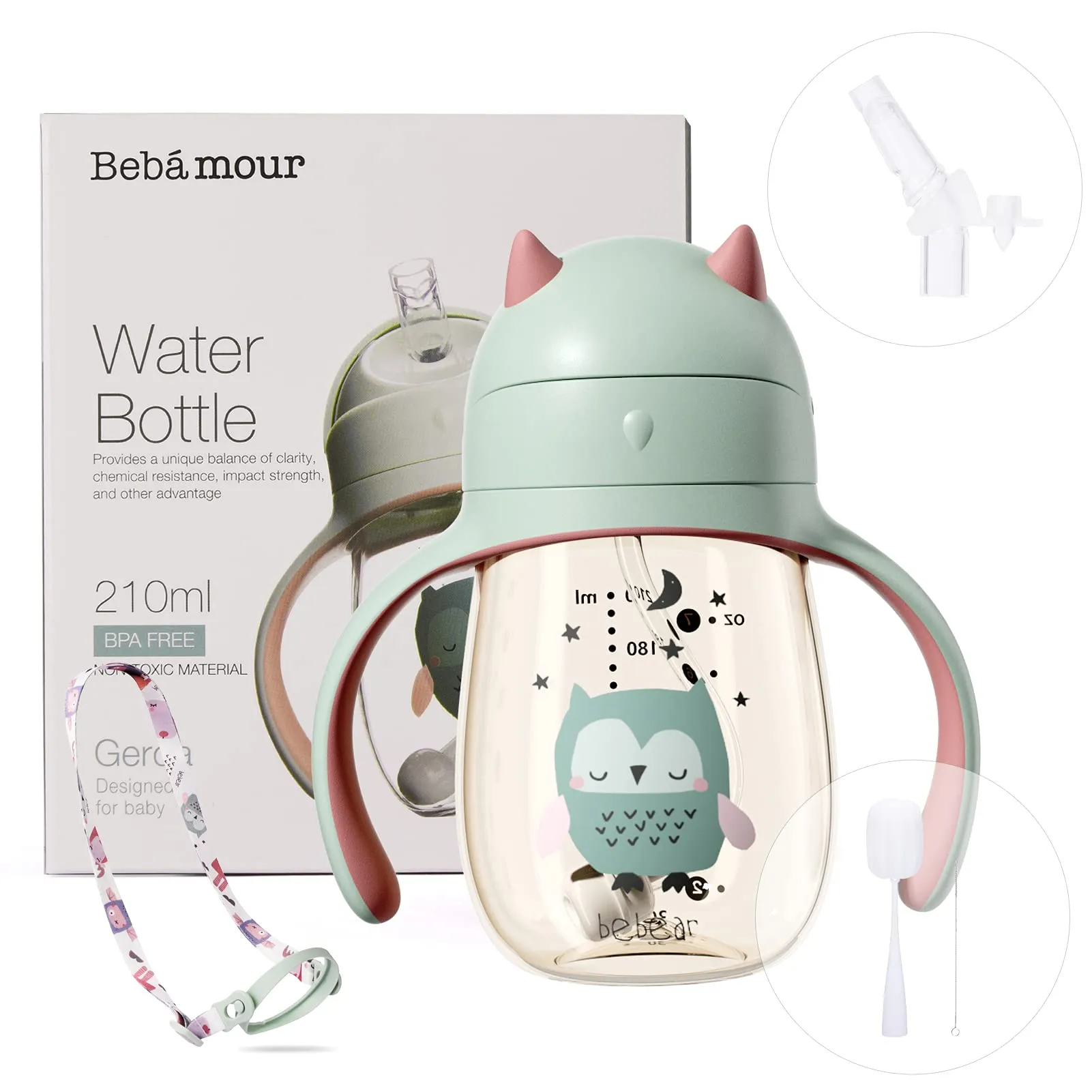 Bebamour Sippy Cup 6-36 Months Non Spill Straw Cup for Toddlers Soft Spout Cup Spill Proof Water Bottler for Kids, BPA Free, PPSU, 210ML, Green 210ml Green Owl
