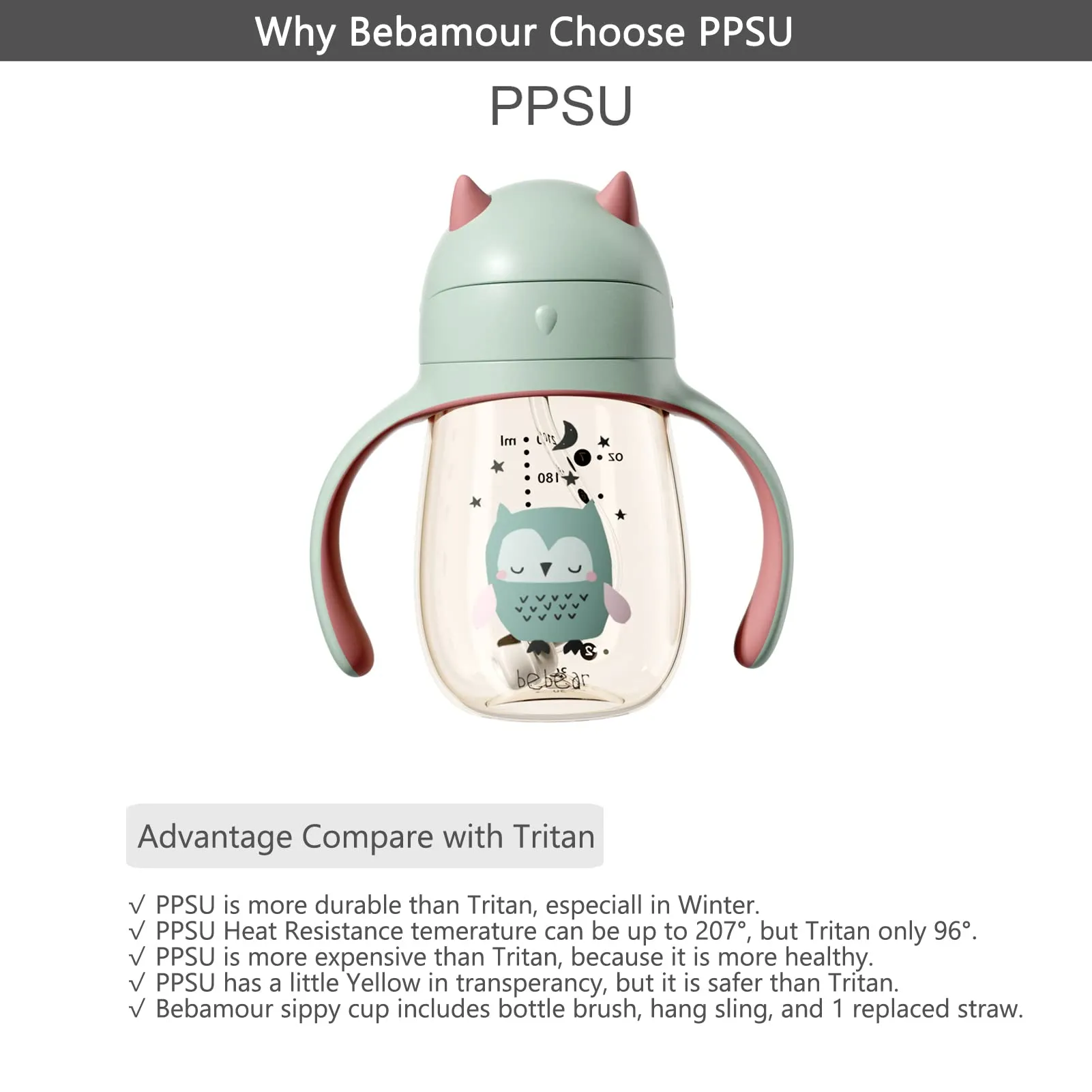 Bebamour Sippy Cup 6-36 Months Non Spill Straw Cup for Toddlers Soft Spout Cup Spill Proof Water Bottler for Kids, BPA Free, PPSU, 210ML, Green 210ml Green Owl