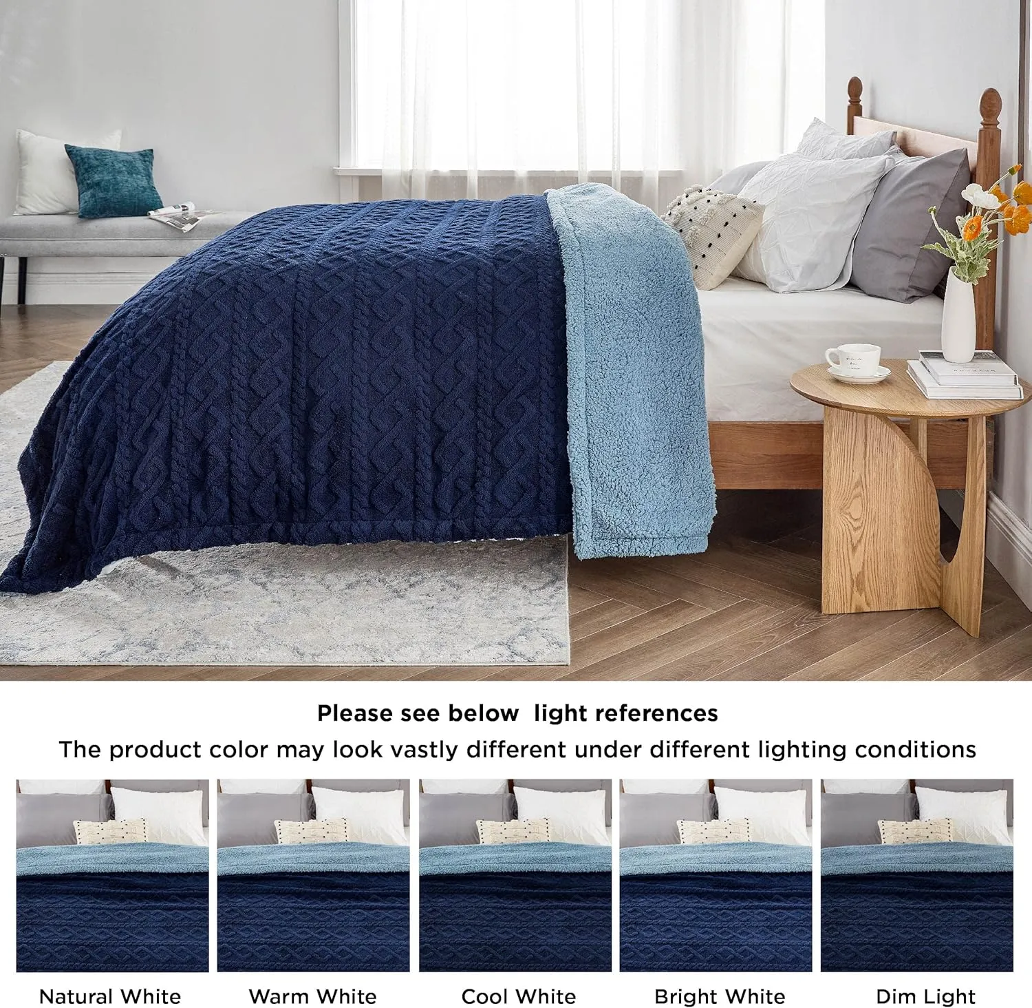 Bedsure Sherpa Fleece Throw Blanket for Couch - Fuzzy Soft Cozy Cable Throw for Women, Thick Warm Blanket for Winter, Navy, 50x60 Inches