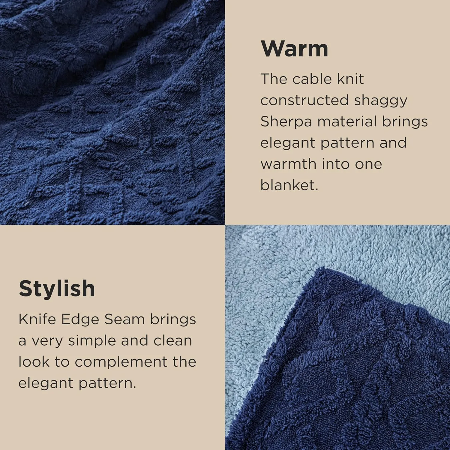 Bedsure Sherpa Fleece Throw Blanket for Couch - Fuzzy Soft Cozy Cable Throw for Women, Thick Warm Blanket for Winter, Navy, 50x60 Inches