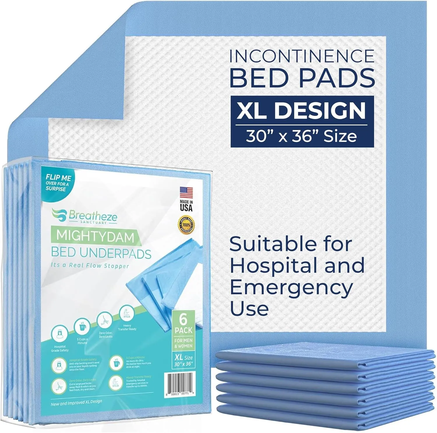 Breatheze Incontinence Bed Pads  Extra Large Disposable Underpads for Adults, Elderly, Kids, and Pets  Heavy Duty Absorbent Padding, Waterproof Under Pee Protector Pad with 375 LB Capacity - 6 Pack