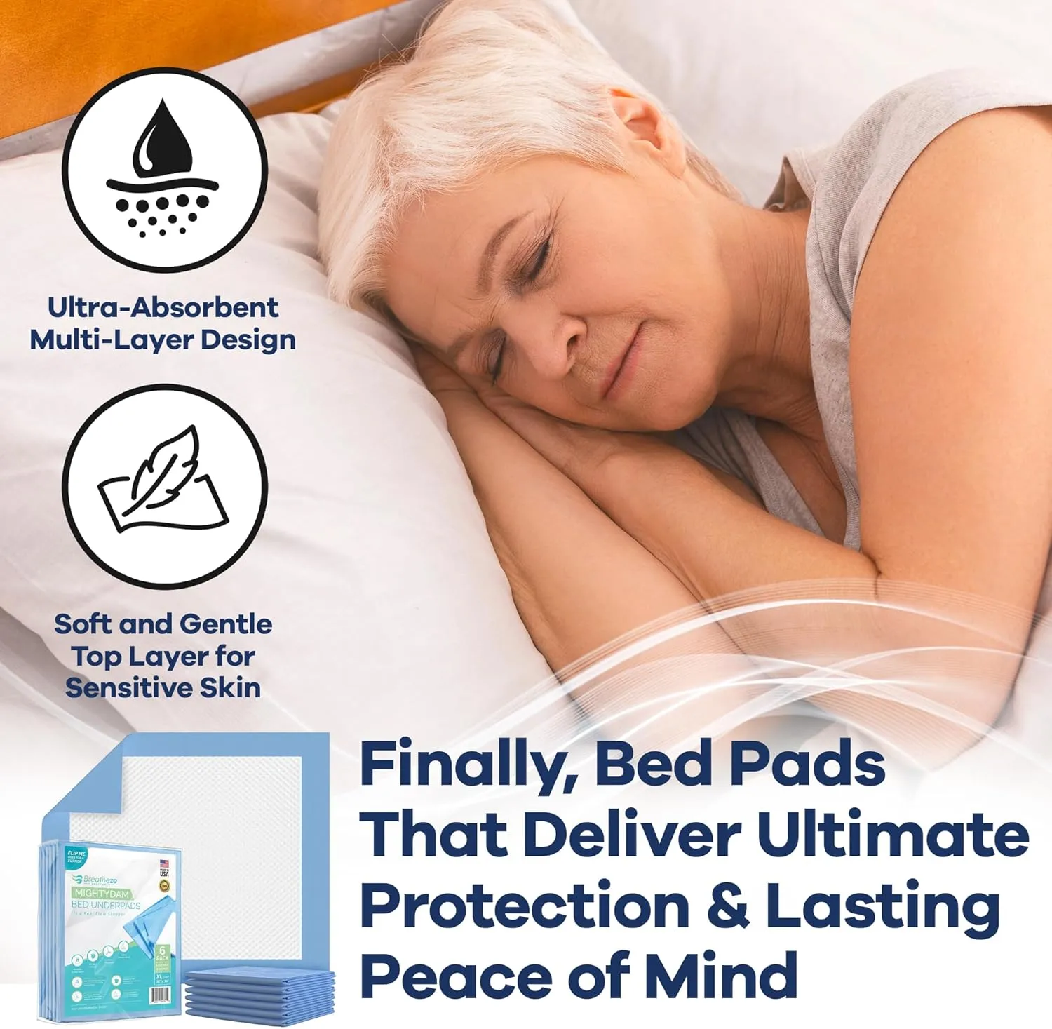 Breatheze Incontinence Bed Pads  Extra Large Disposable Underpads for Adults, Elderly, Kids, and Pets  Heavy Duty Absorbent Padding, Waterproof Under Pee Protector Pad with 375 LB Capacity - 6 Pack