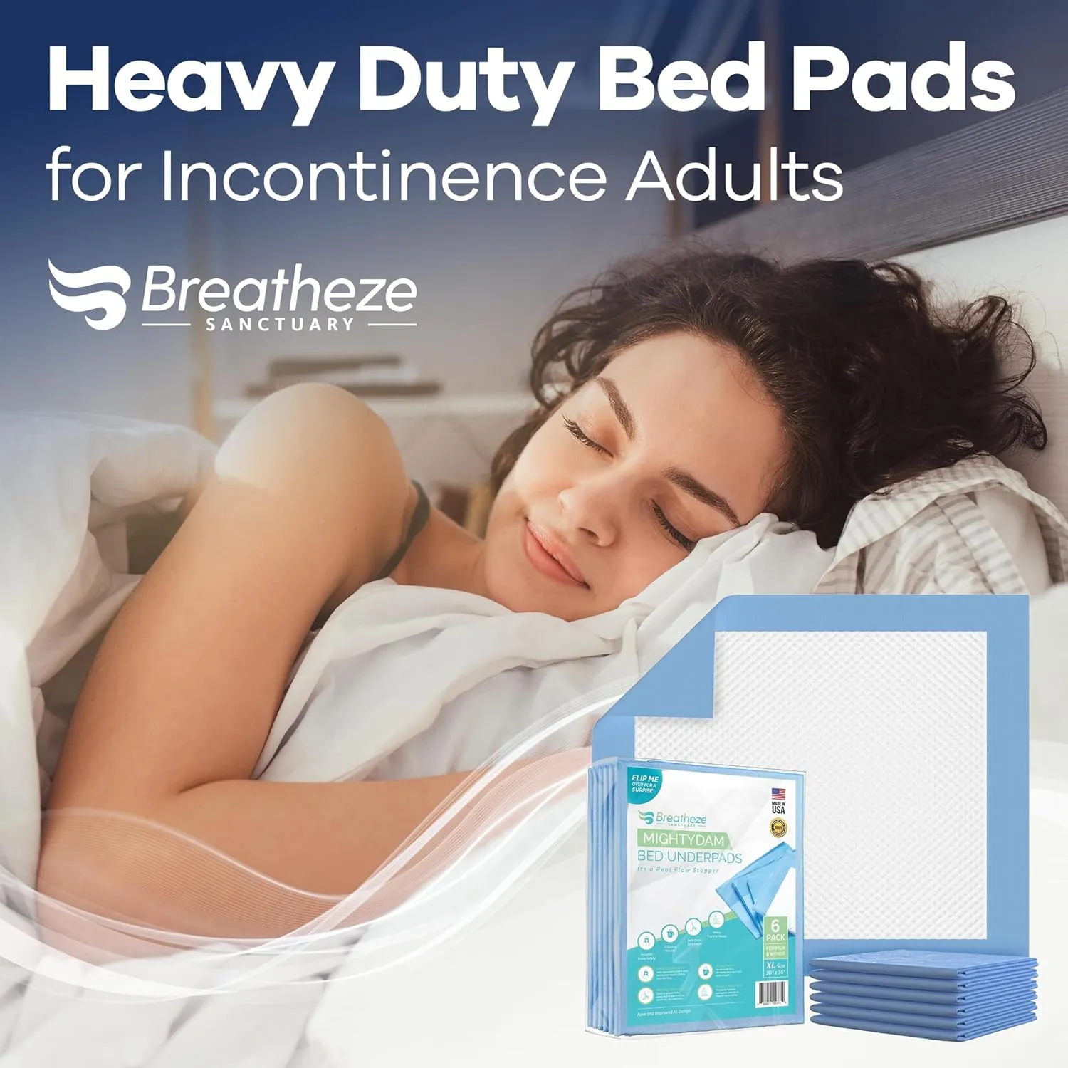 Breatheze Incontinence Bed Pads  Extra Large Disposable Underpads for Adults, Elderly, Kids, and Pets  Heavy Duty Absorbent Padding, Waterproof Under Pee Protector Pad with 375 LB Capacity - 6 Pack