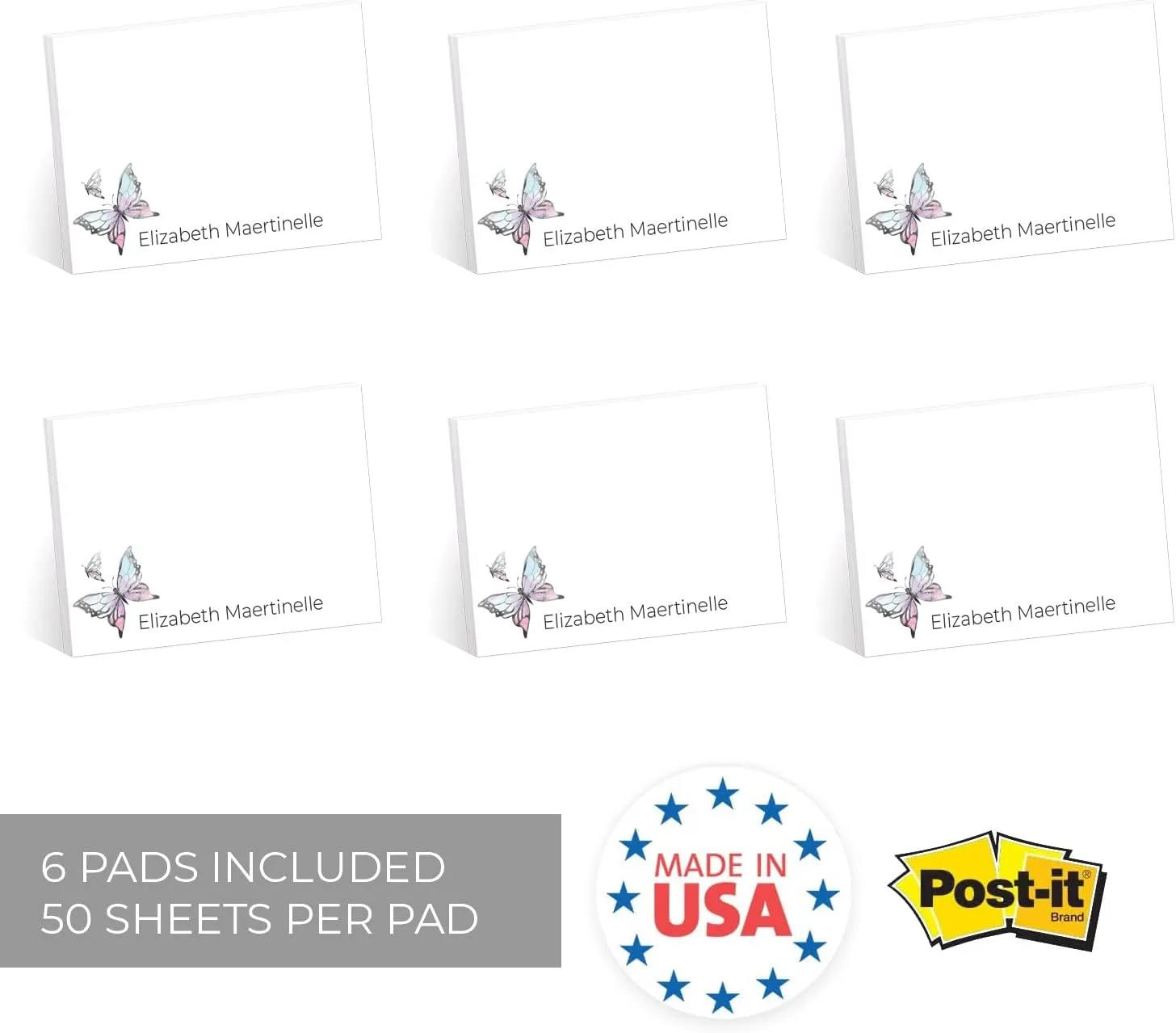 Butterfly Personalized Sticky Note Pads/Modern Set of Six 4" x 3" Repositionable Pink Purple Custom Sticky Notes / 50 Sheets Per Pad/Made in USA