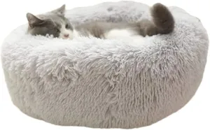 Calming Pet Bed Round Donut Pet Bed Dog Beds,Self Warming Indoor Round Pillow Cuddler Removable and Washable Cat Bed and Dog Bed (Color : Light Gray, Size : Diameter 60cm)