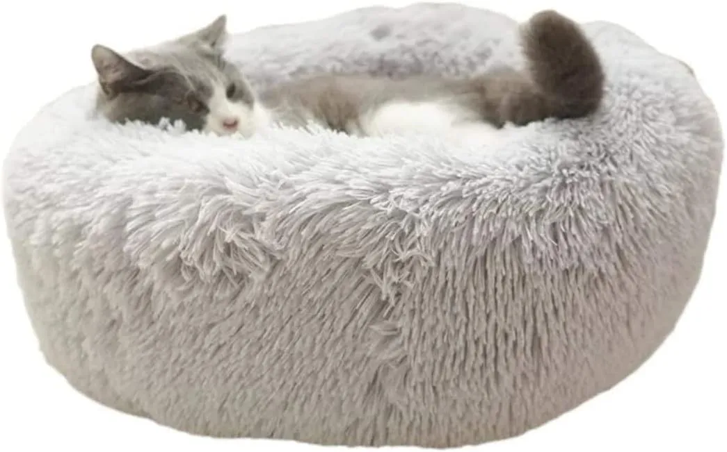 Calming Pet Bed Round Donut Pet Bed Dog Beds,Self Warming Indoor Round Pillow Cuddler Removable and Washable Cat Bed and Dog Bed (Color : Light Gray, Size : Diameter 60cm)
