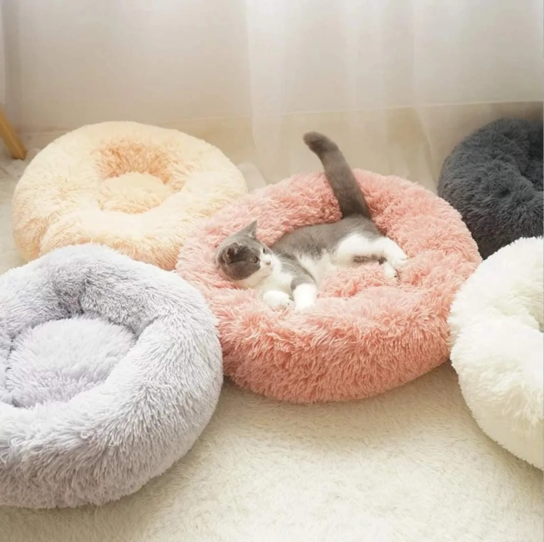 Calming Pet Bed Round Donut Pet Bed Dog Beds,Self Warming Indoor Round Pillow Cuddler Removable and Washable Cat Bed and Dog Bed (Color : Light Gray, Size : Diameter 60cm)