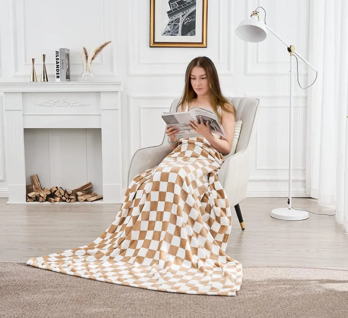 Checkered Blanket Flannel Throw Blankets Soft Cozy Checkered Grid Print Chessboard Gingham Pattern Throws for Bed Sofa Couch for All Seasons, 50x60 Inch, Blonde