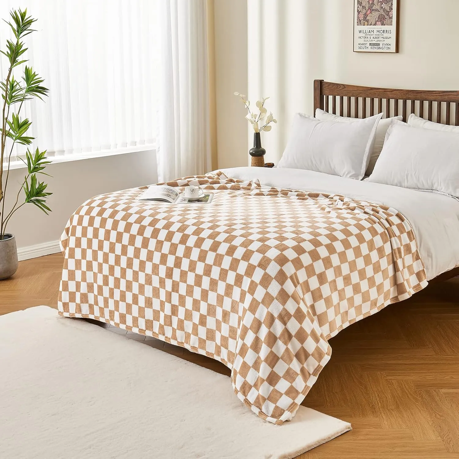 Checkered Blanket Flannel Throw Blankets Soft Cozy Checkered Grid Print Chessboard Gingham Pattern Throws for Bed Sofa Couch for All Seasons, 50x60 Inch, Blonde