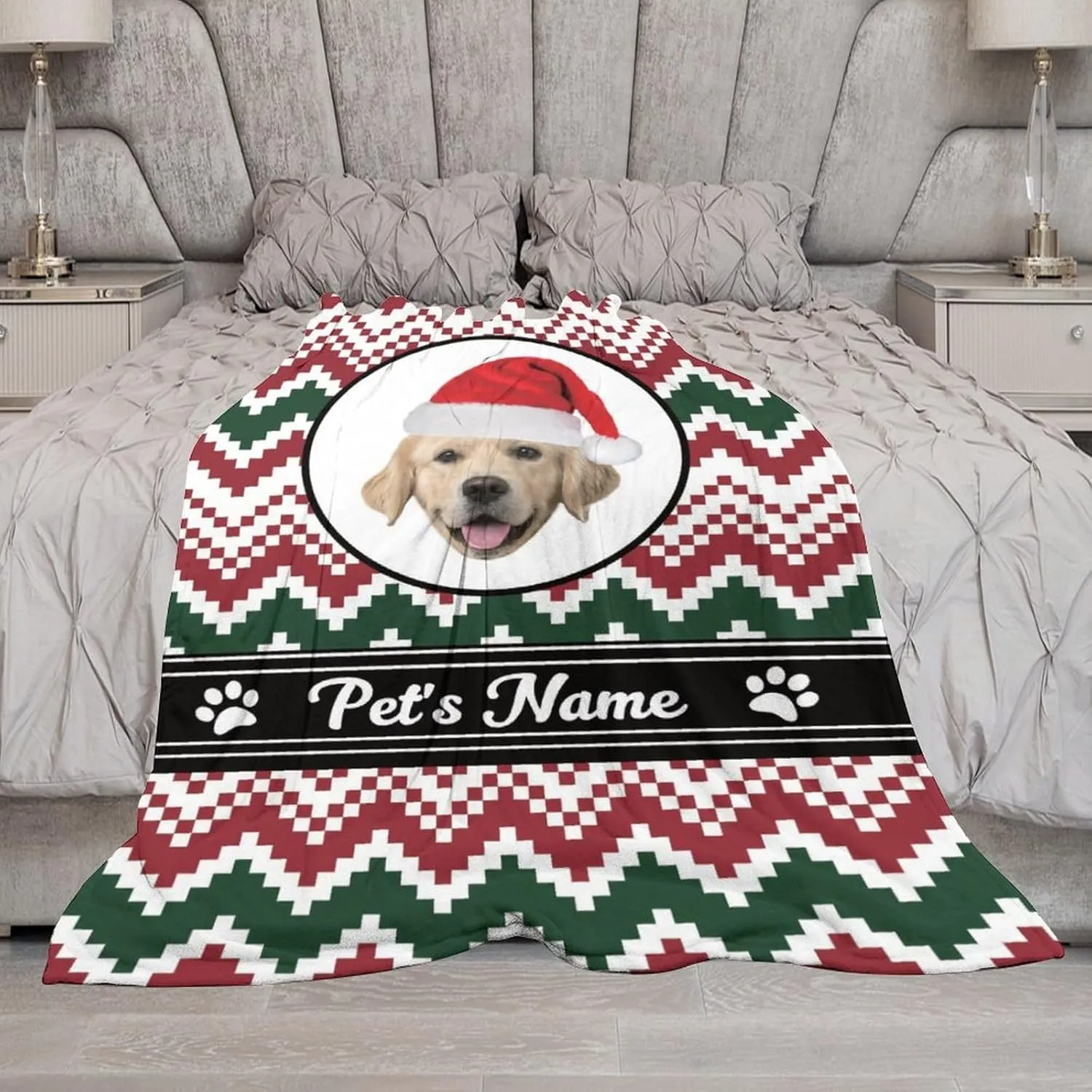 Custom Dog Blanket with Pet Name Photo - Personalized Christmas Fleece Throw with Hat - Xmas Memorial Gift for Pet Owners 50"x60"