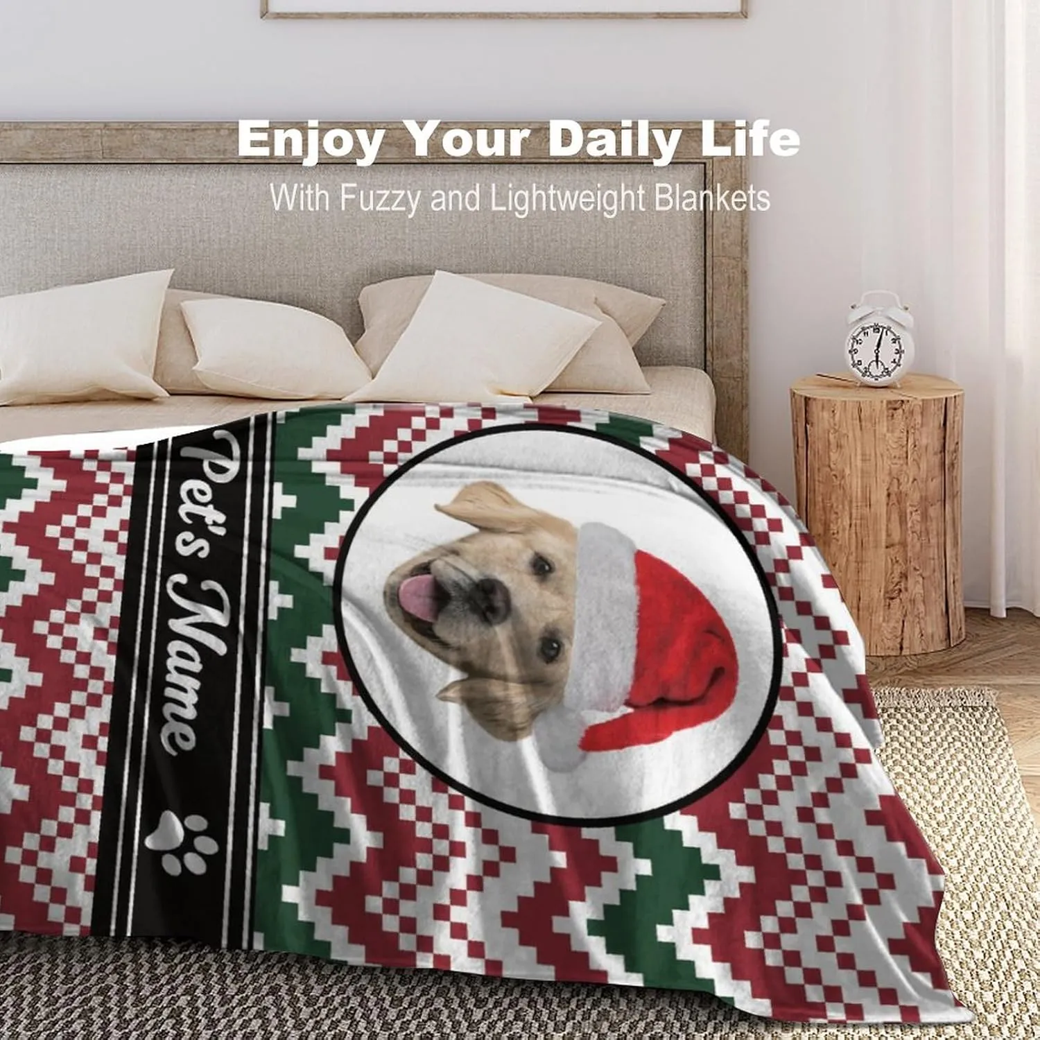 Custom Dog Blanket with Pet Name Photo - Personalized Christmas Fleece Throw with Hat - Xmas Memorial Gift for Pet Owners 50"x60"