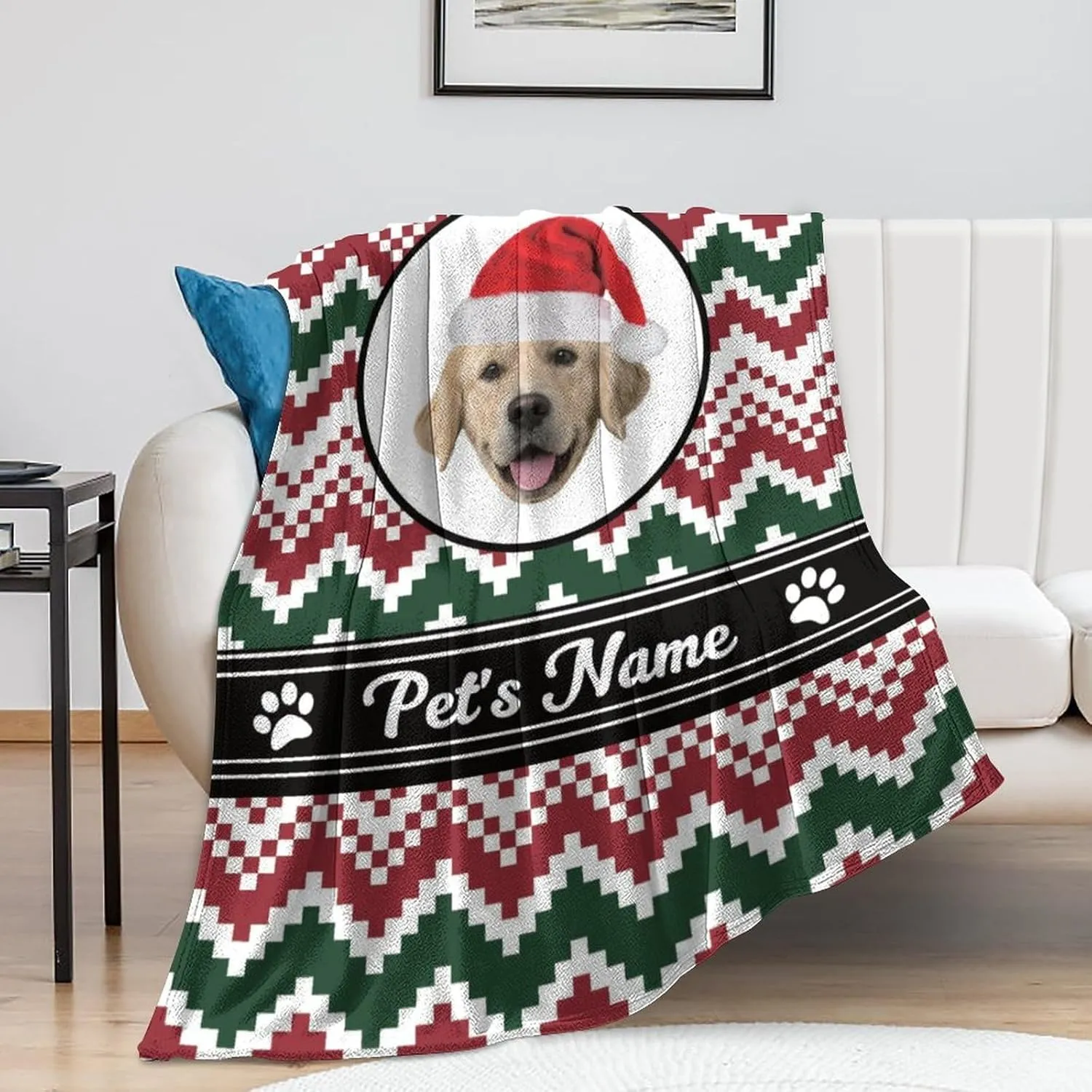 Custom Dog Blanket with Pet Name Photo - Personalized Christmas Fleece Throw with Hat - Xmas Memorial Gift for Pet Owners 50"x60"