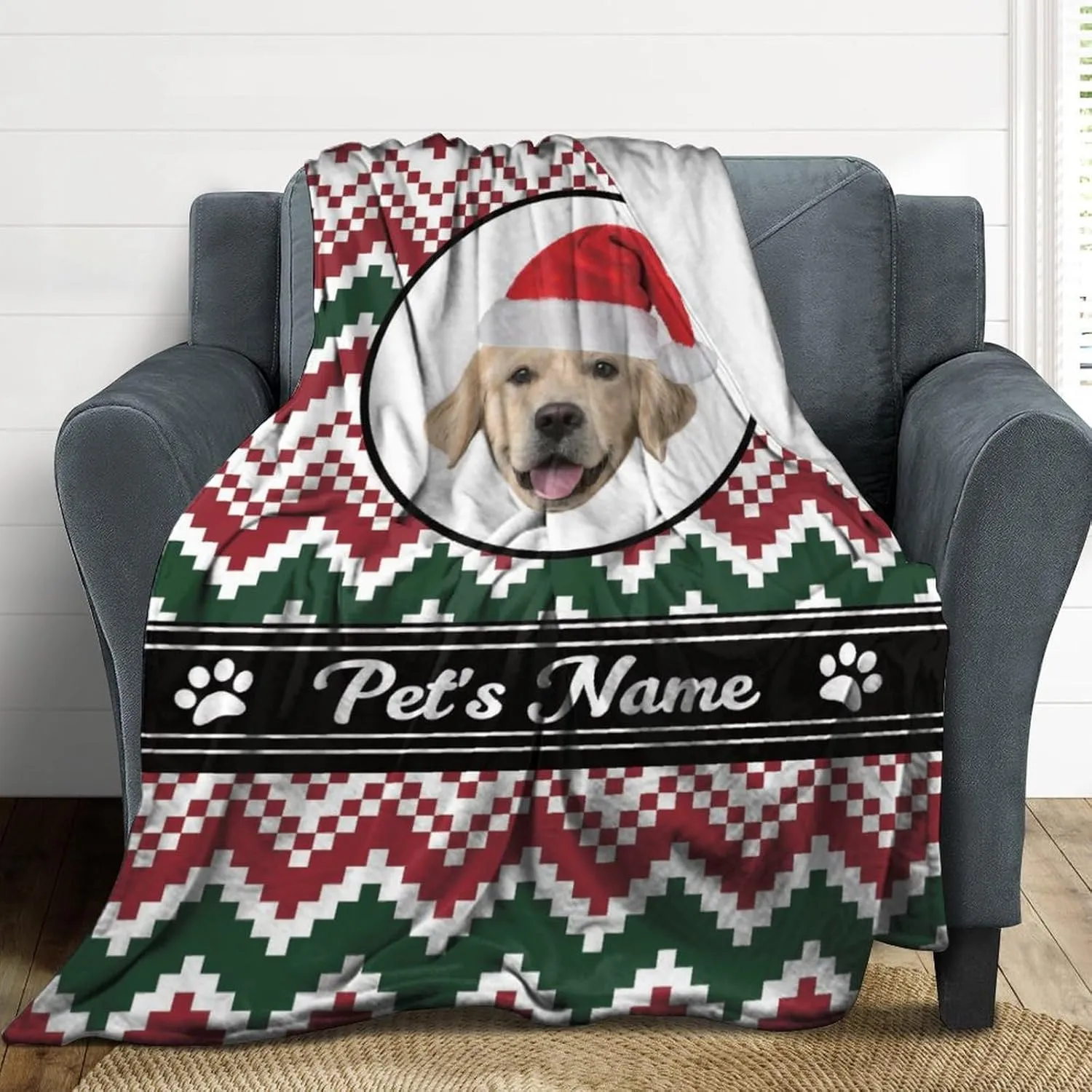 Custom Dog Blanket with Pet Name Photo - Personalized Christmas Fleece Throw with Hat - Xmas Memorial Gift for Pet Owners 50"x60"