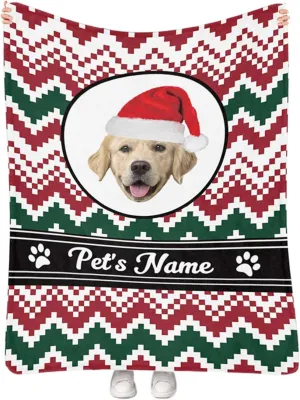 Custom Dog Blanket with Pet Name Photo - Personalized Christmas Fleece Throw with Hat - Xmas Memorial Gift for Pet Owners 50"x60"