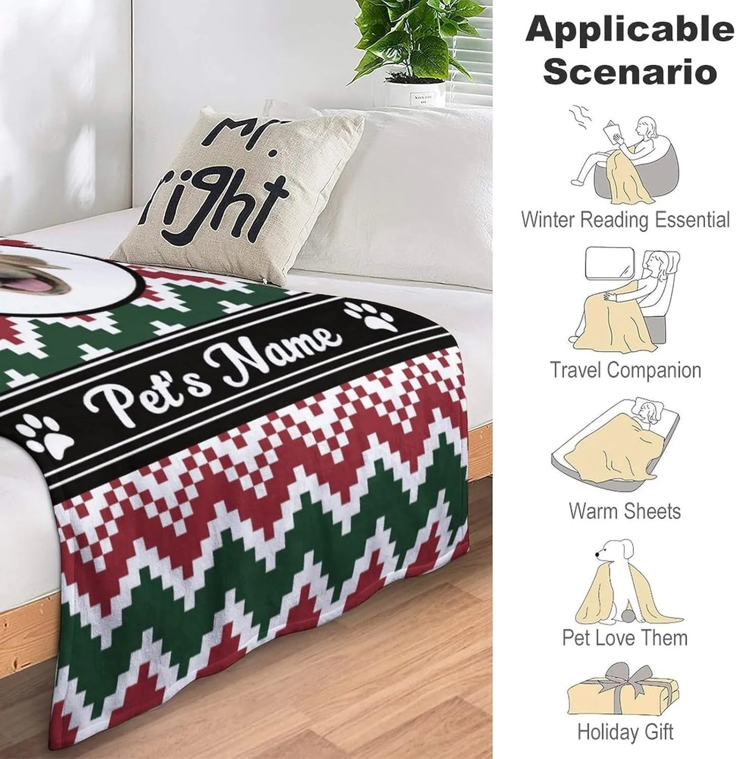 Custom Dog Blanket with Pet Name Photo - Personalized Christmas Fleece Throw with Hat - Xmas Memorial Gift for Pet Owners 50"x60"