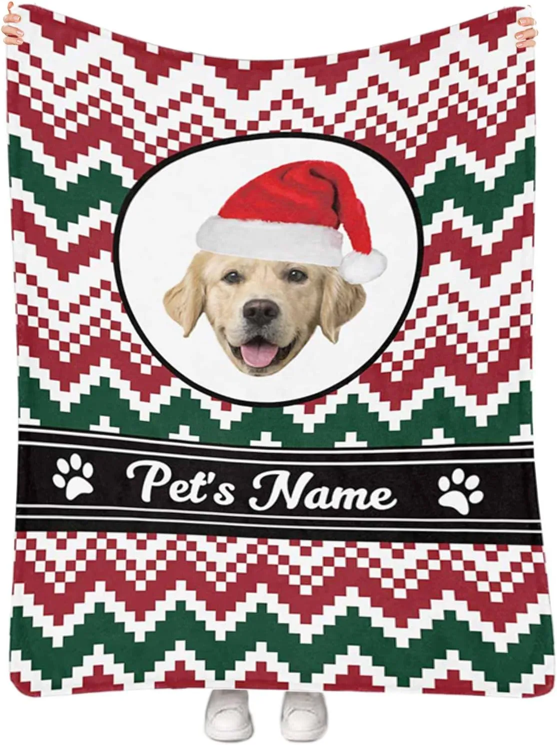 Custom Dog Blanket with Pet Name Photo - Personalized Christmas Fleece Throw with Hat - Xmas Memorial Gift for Pet Owners 50"x60"
