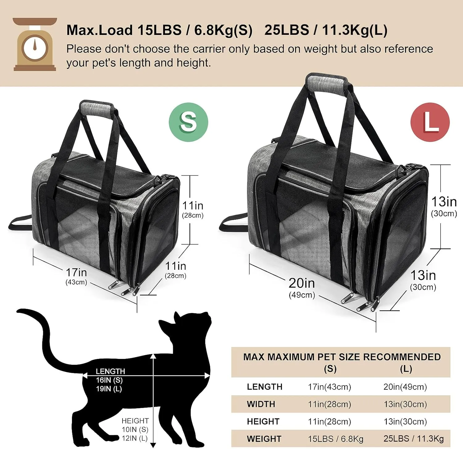Dog Carrier for Pets, Up to 25 Lbs, Collapsible Travel Carriers for Puppy with Shoulder Strap and Removable Ma, 20x13x13 Inchest, Grey
