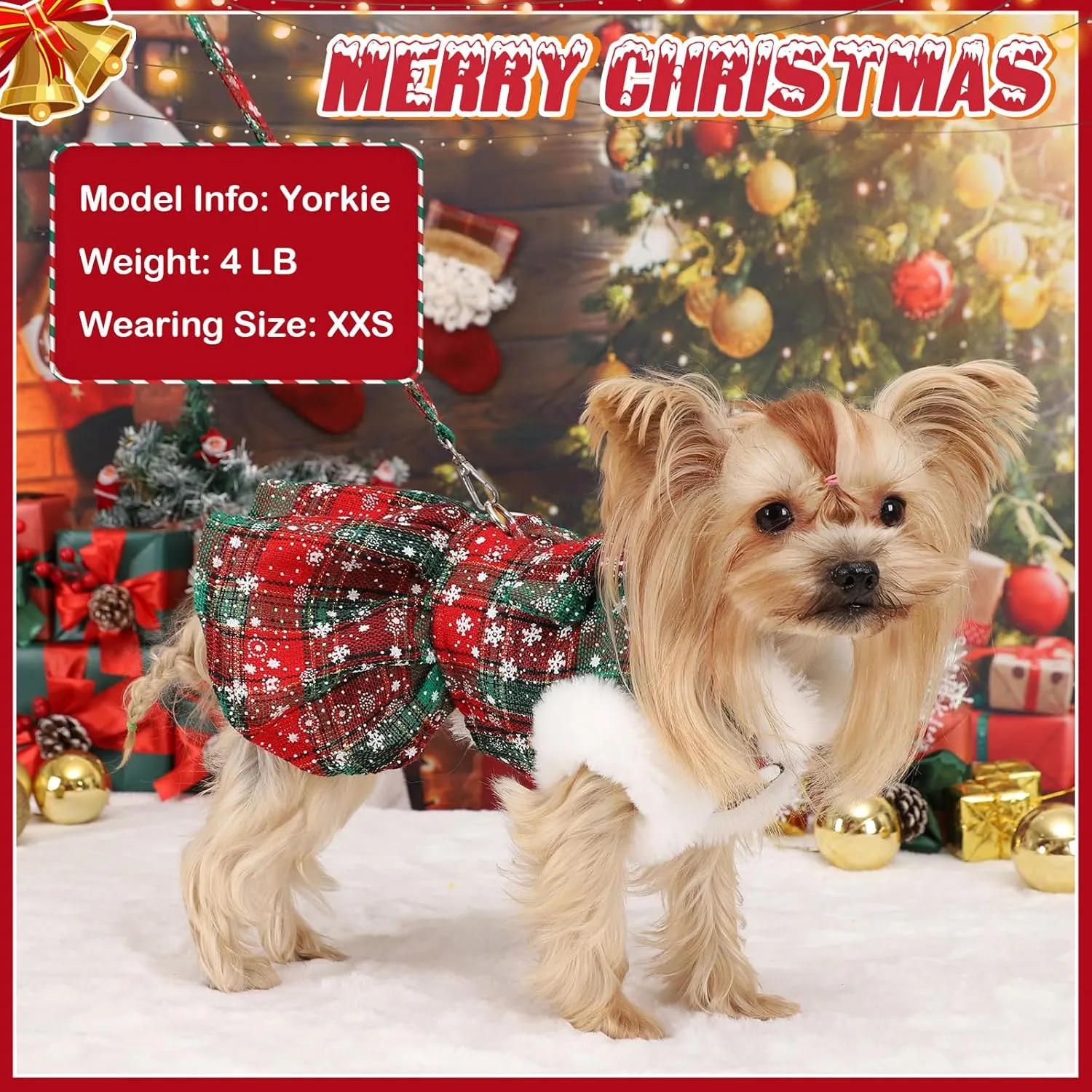 Dog Christmas Sweater Dress with Harness Leash Set,Warm Soft Fleece Plaid Clothes for Small Girl,Yorkie Chihuahua Teacup Pet Outfit Female,Winter Costumes Puppy CoatXS, Green