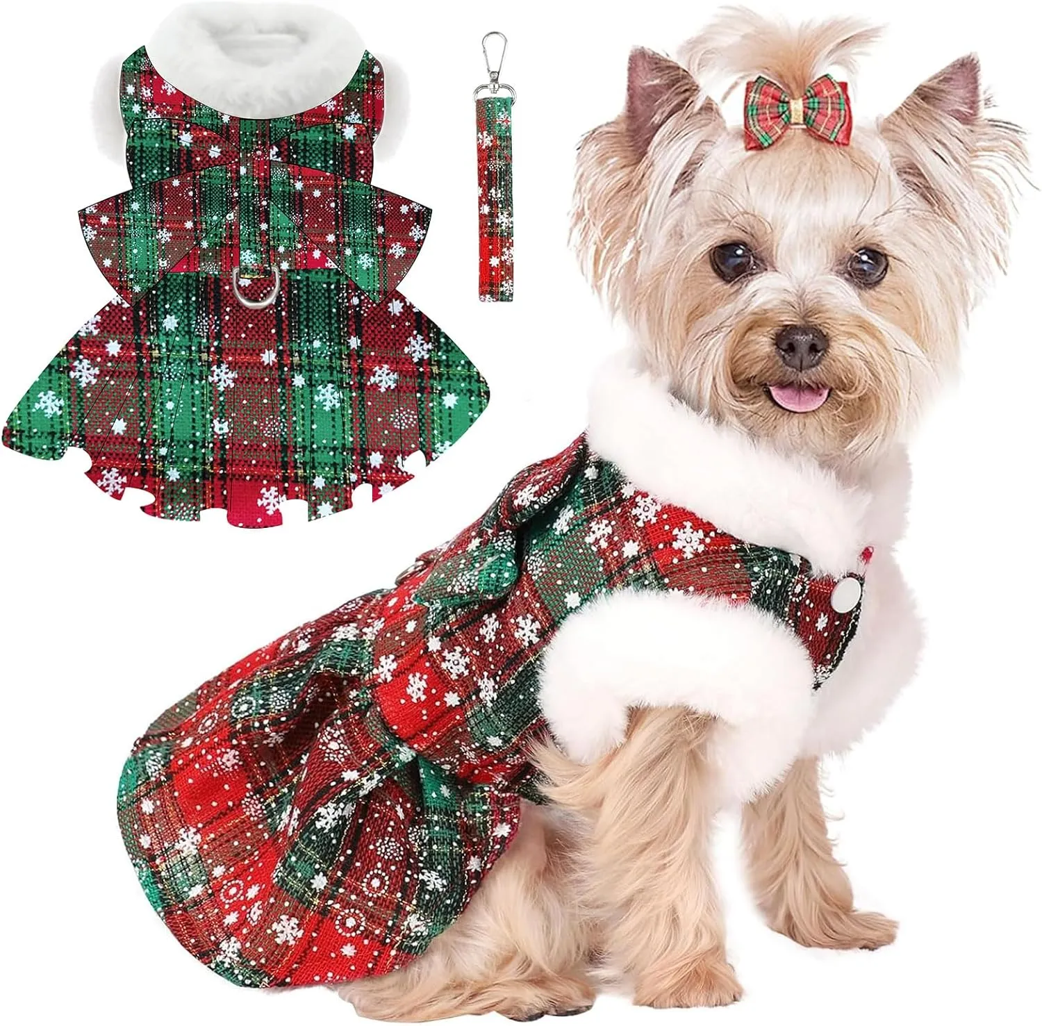 Dog Christmas Sweater Dress with Harness Leash Set,Warm Soft Fleece Plaid Clothes for Small Girl,Yorkie Chihuahua Teacup Pet Outfit Female,Winter Costumes Puppy CoatXS, Green