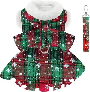 Dog Christmas Sweater Dress with Harness Leash Set,Warm Soft Fleece Plaid Clothes for Small Girl,Yorkie Chihuahua Teacup Pet Outfit Female,Winter Costumes Puppy CoatXS, Green