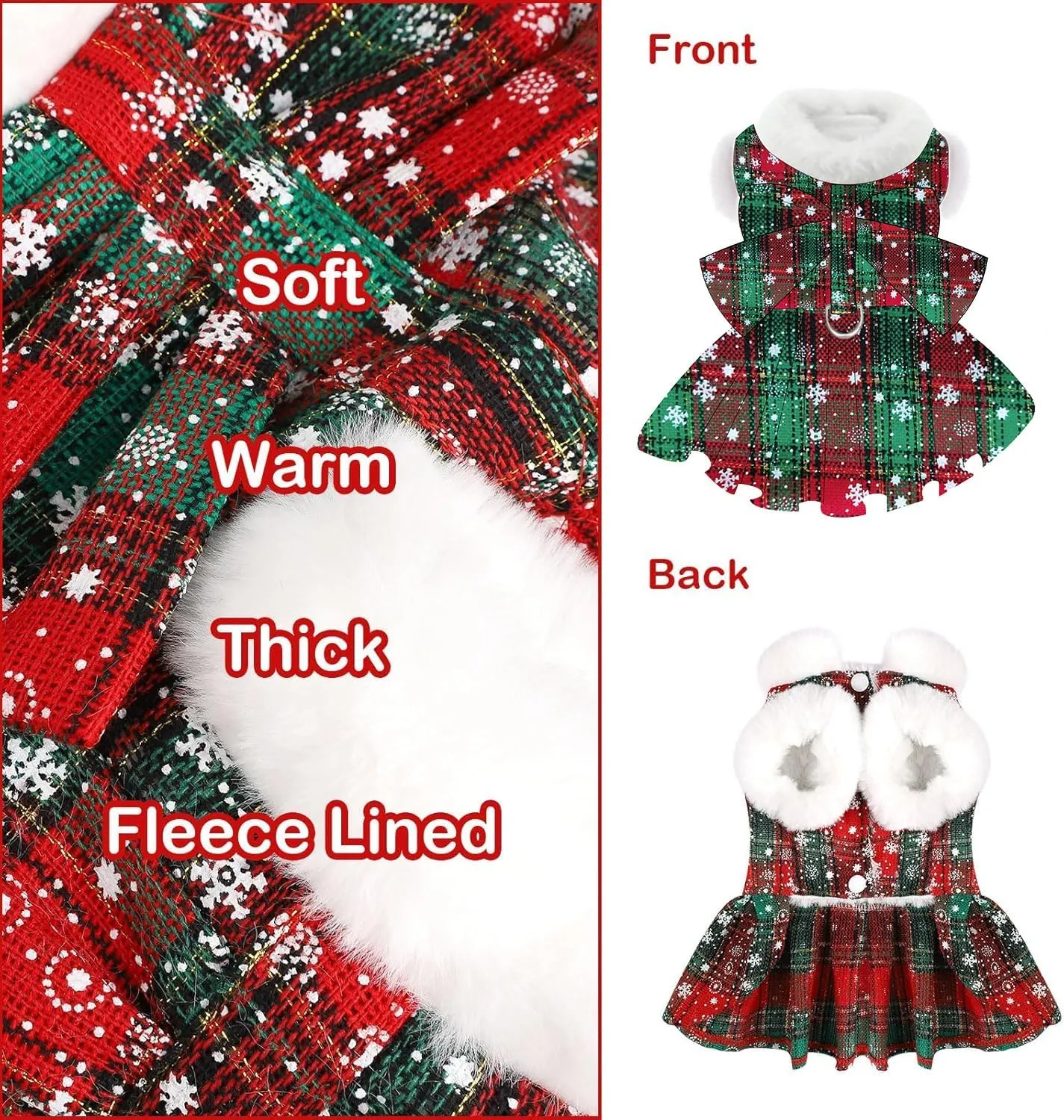 Dog Christmas Sweater Dress with Harness Leash Set,Warm Soft Fleece Plaid Clothes for Small Girl,Yorkie Chihuahua Teacup Pet Outfit Female,Winter Costumes Puppy CoatXS, Green