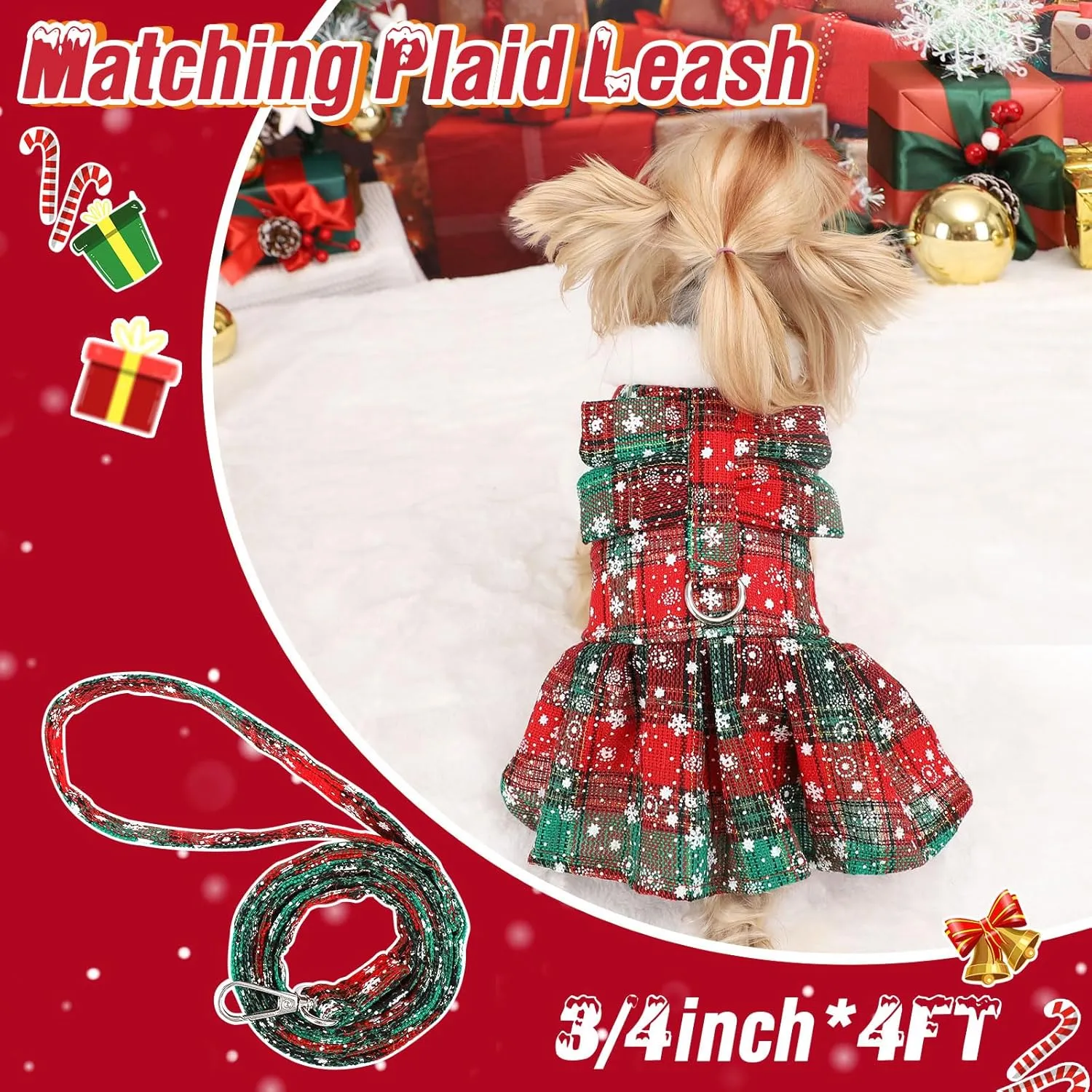 Dog Christmas Sweater Dress with Harness Leash Set,Warm Soft Fleece Plaid Clothes for Small Girl,Yorkie Chihuahua Teacup Pet Outfit Female,Winter Costumes Puppy CoatXS, Green