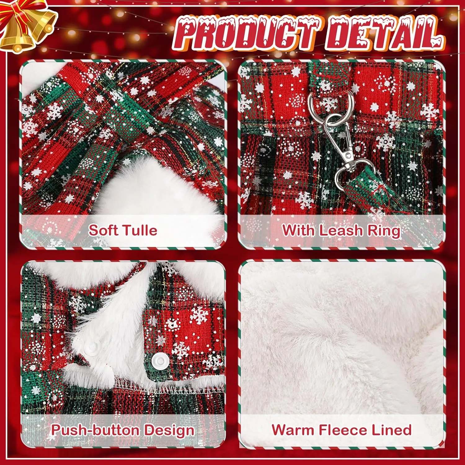 Dog Christmas Sweater Dress with Harness Leash Set,Warm Soft Fleece Plaid Clothes for Small Girl,Yorkie Chihuahua Teacup Pet Outfit Female,Winter Costumes Puppy CoatXS, Green