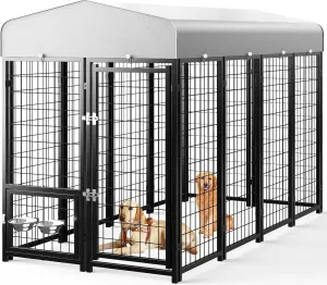 Dog Kennel Pen Outside Outdoor Dog Run with Roof, Swivel Feeders/Removable Doggy Door Allow Connecting Your Dog House- Kennel Heavy Duty for Medium/Large Dogs (8'L x 4'W x 6'H)