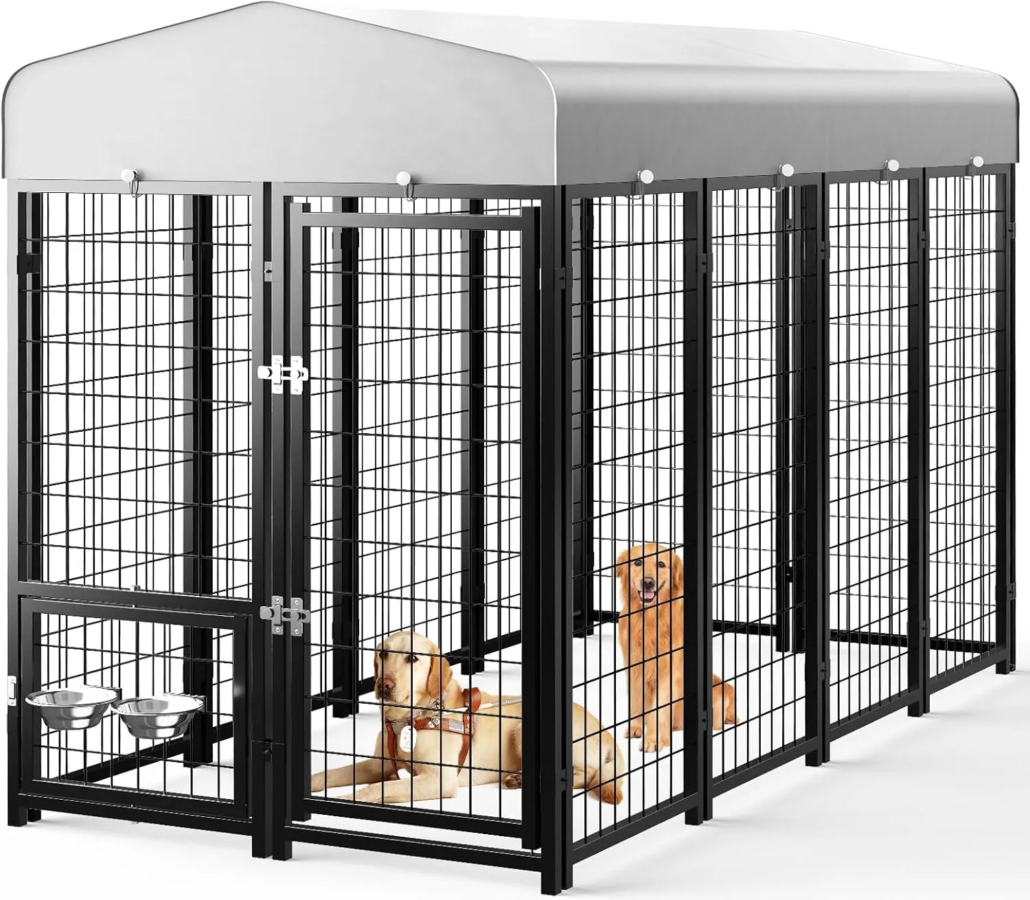 Dog Kennel Pen Outside Outdoor Dog Run with Roof, Swivel Feeders/Removable Doggy Door Allow Connecting Your Dog House- Kennel Heavy Duty for Medium/Large Dogs (8'L x 4'W x 6'H)
