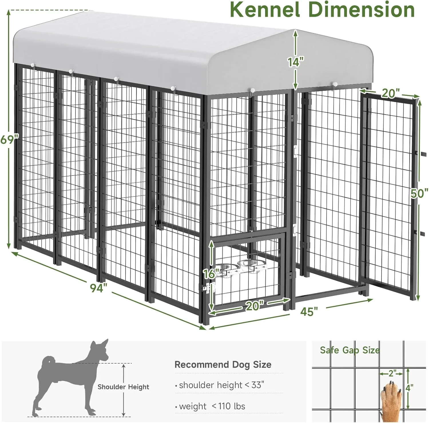 Dog Kennel Pen Outside Outdoor Dog Run with Roof, Swivel Feeders/Removable Doggy Door Allow Connecting Your Dog House- Kennel Heavy Duty for Medium/Large Dogs (8'L x 4'W x 6'H)