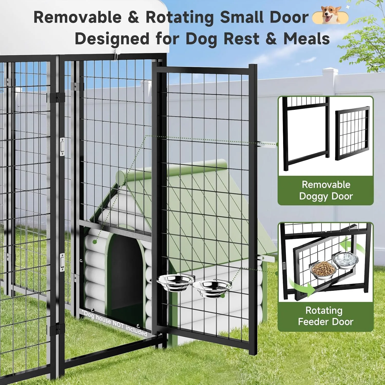 Dog Kennel Pen Outside Outdoor Dog Run with Roof, Swivel Feeders/Removable Doggy Door Allow Connecting Your Dog House- Kennel Heavy Duty for Medium/Large Dogs (8'L x 4'W x 6'H)