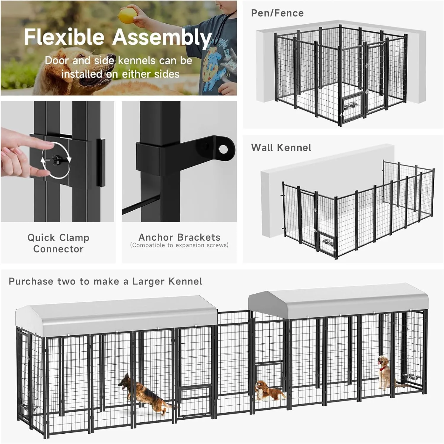 Dog Kennel Pen Outside Outdoor Dog Run with Roof, Swivel Feeders/Removable Doggy Door Allow Connecting Your Dog House- Kennel Heavy Duty for Medium/Large Dogs (8'L x 4'W x 6'H)