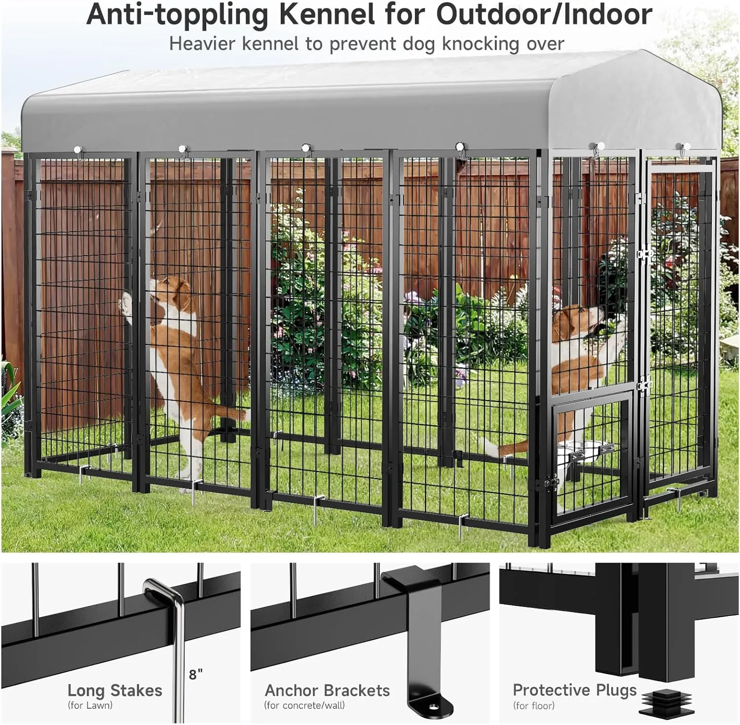 Dog Kennel Pen Outside Outdoor Dog Run with Roof, Swivel Feeders/Removable Doggy Door Allow Connecting Your Dog House- Kennel Heavy Duty for Medium/Large Dogs (8'L x 4'W x 6'H)