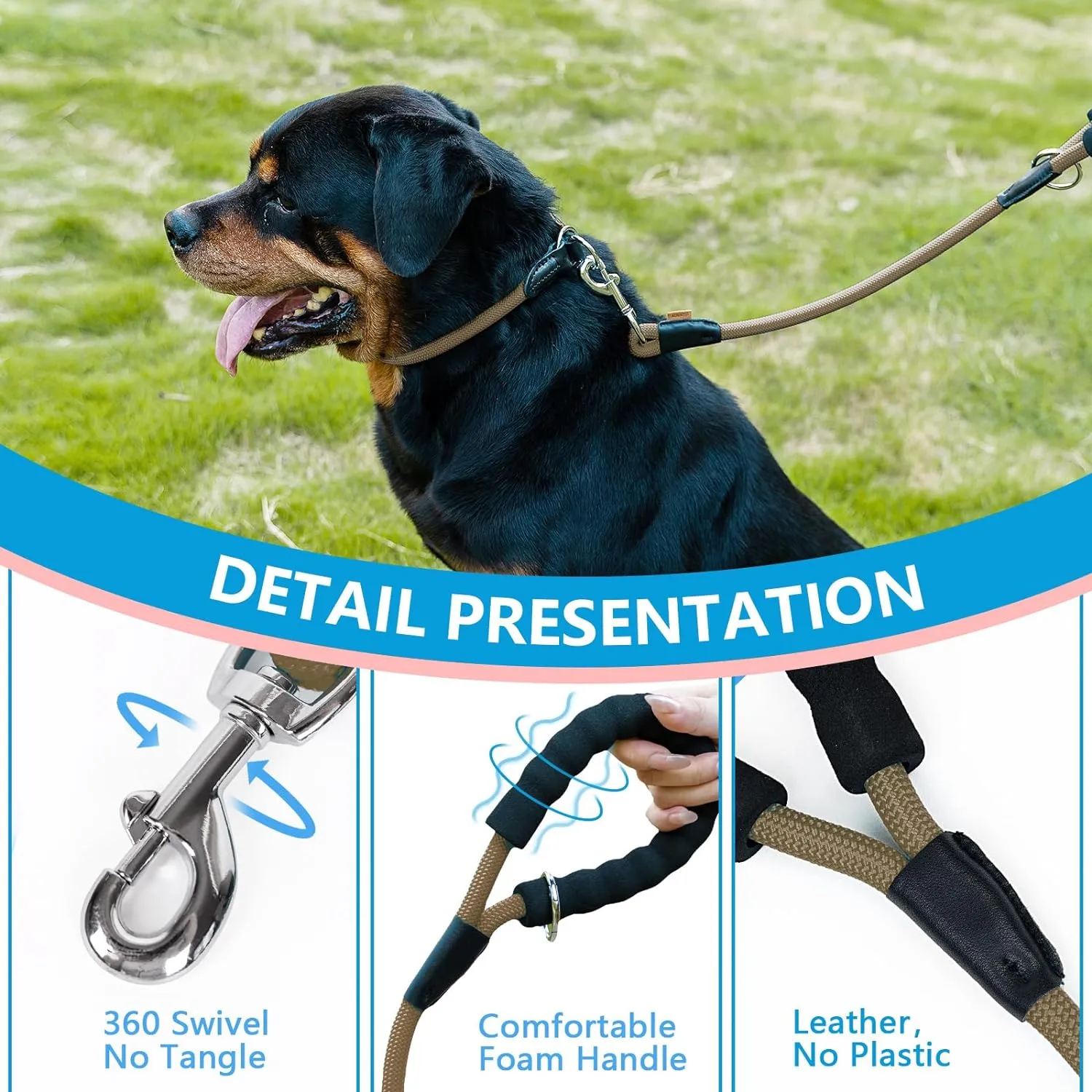 Dog Leash, Braided Rope Traction  Walking Training Lead for Medium/Large Dogs ((1/2") x 6FT, Khaki)